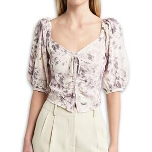 Open Edit Puff Sleeve Tie Front Smocked Blouse Ivory Gray Floral Boho S NWT
